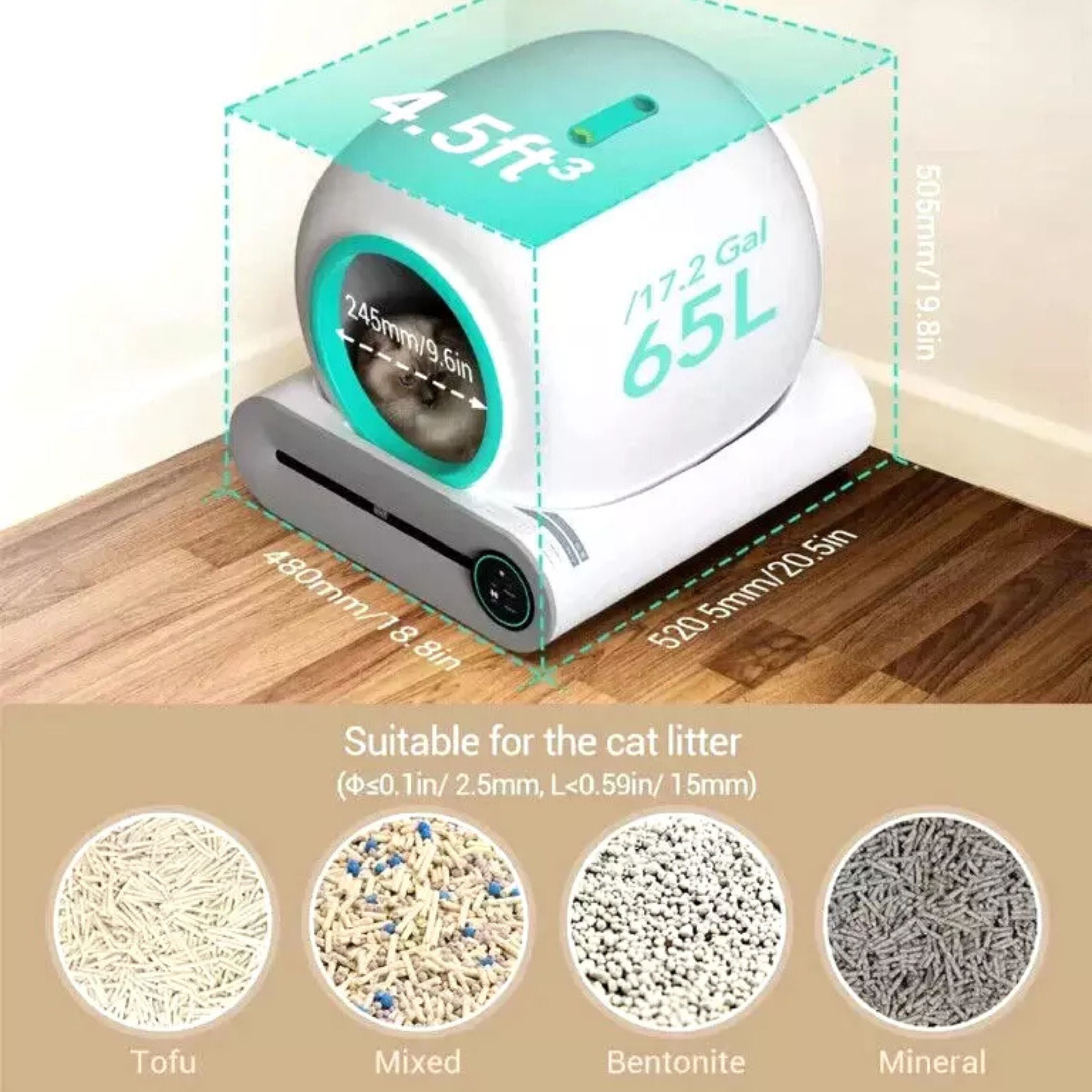 The Strike Algo Automatic Cat Cleaning Litter Box has dimensions of 480mm x 585mm x 505mm, a volume of 4.5 ft³, and a capacity of 65L. Its compatible with various litter types: Tofu, Mixed, Bentonite, and Mineral, shown in small heaps.