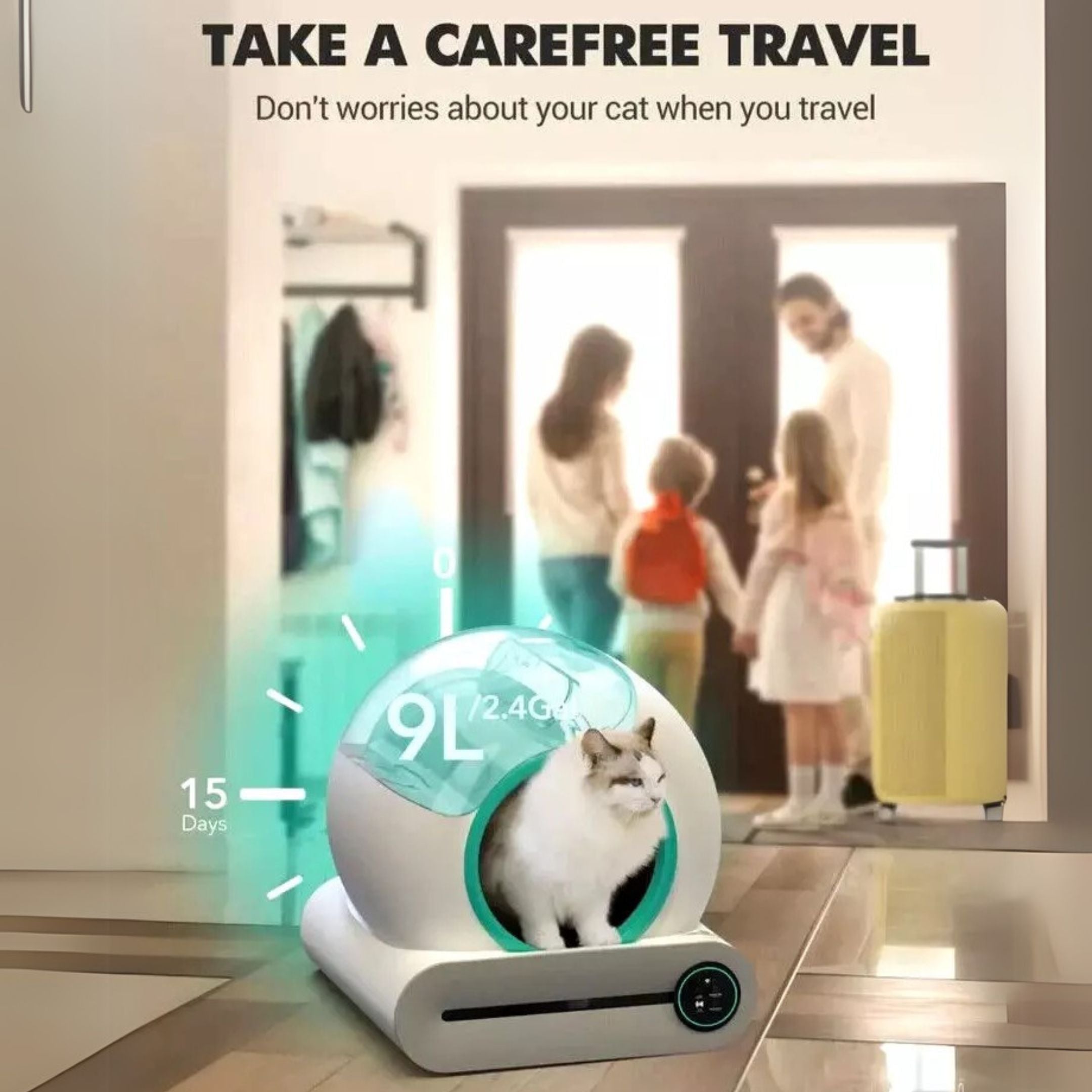 A promotional image features the Automatic Cat Cleaning Litter Box by Strike Algo with a white cat inside. A digital display reads 9L and 2.4G. In the background, a family stands by a door with luggage. The text says, Take a Carefree Travel.